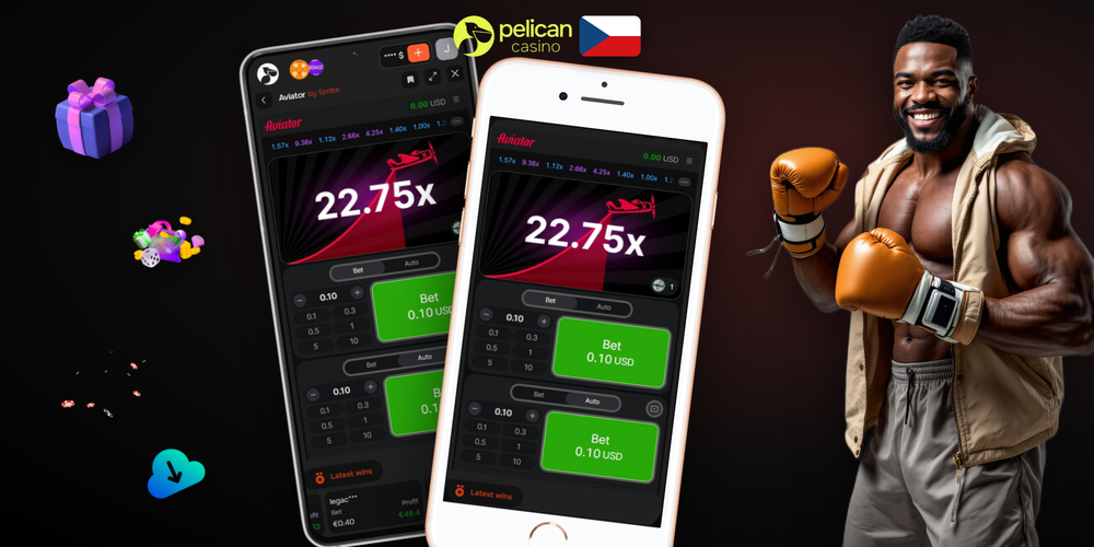 Rozhraní Aviator v Pelican Casino s rostoucí křivkou násobku a tlačítkem Cash out